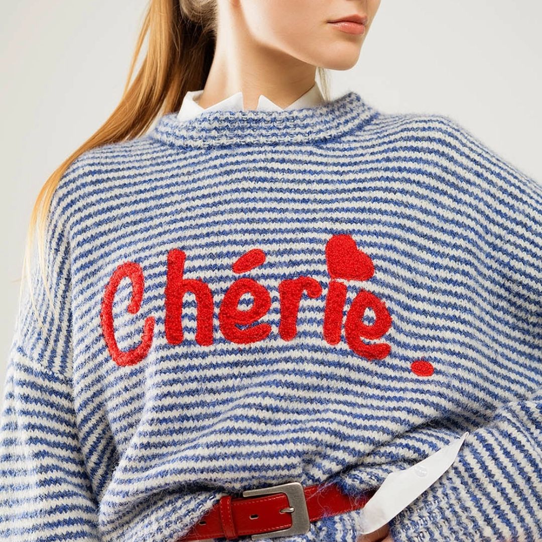 Damen Pullover 'Chérie' gestreift blau/weiß