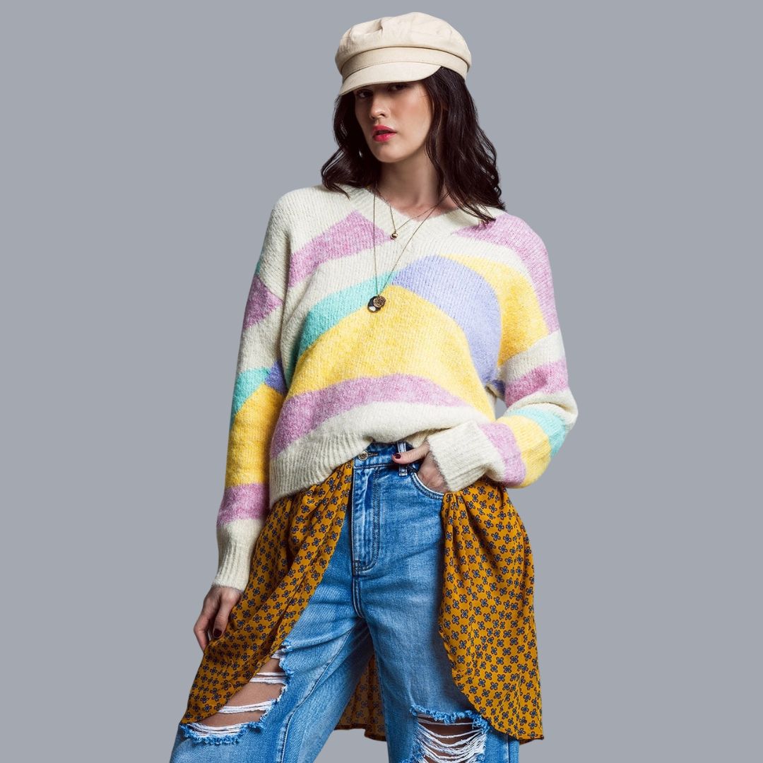 Damen Pullover 'Colorblock Abstrakt' gestreift pastell