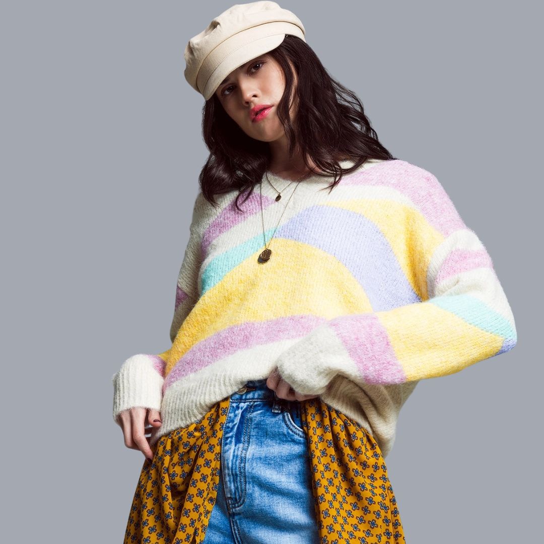 Damen Pullover 'Colorblock Abstrakt' gestreift pastell