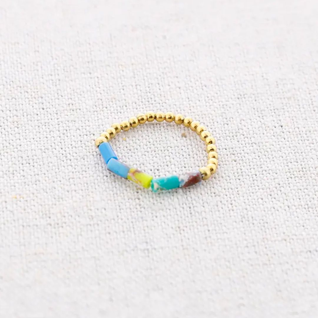 Damen Ring elastisch mit Tube Steinen gold/aqua