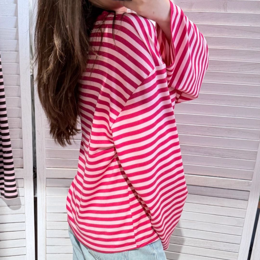Damen T-Shirt LS gestreift rosa/fuchsia