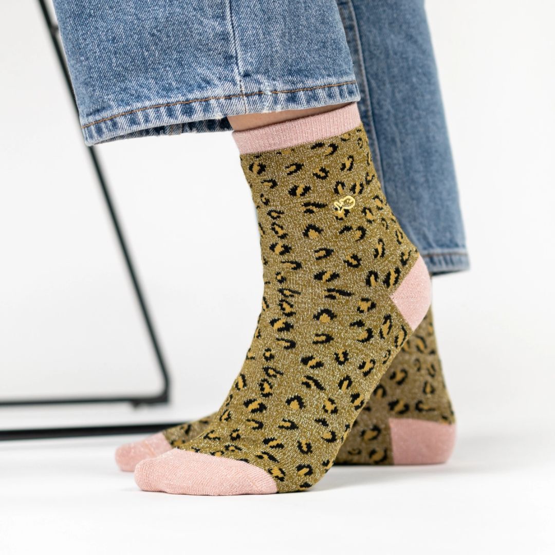 Glitzersocken Leoparden-Look olivgrün