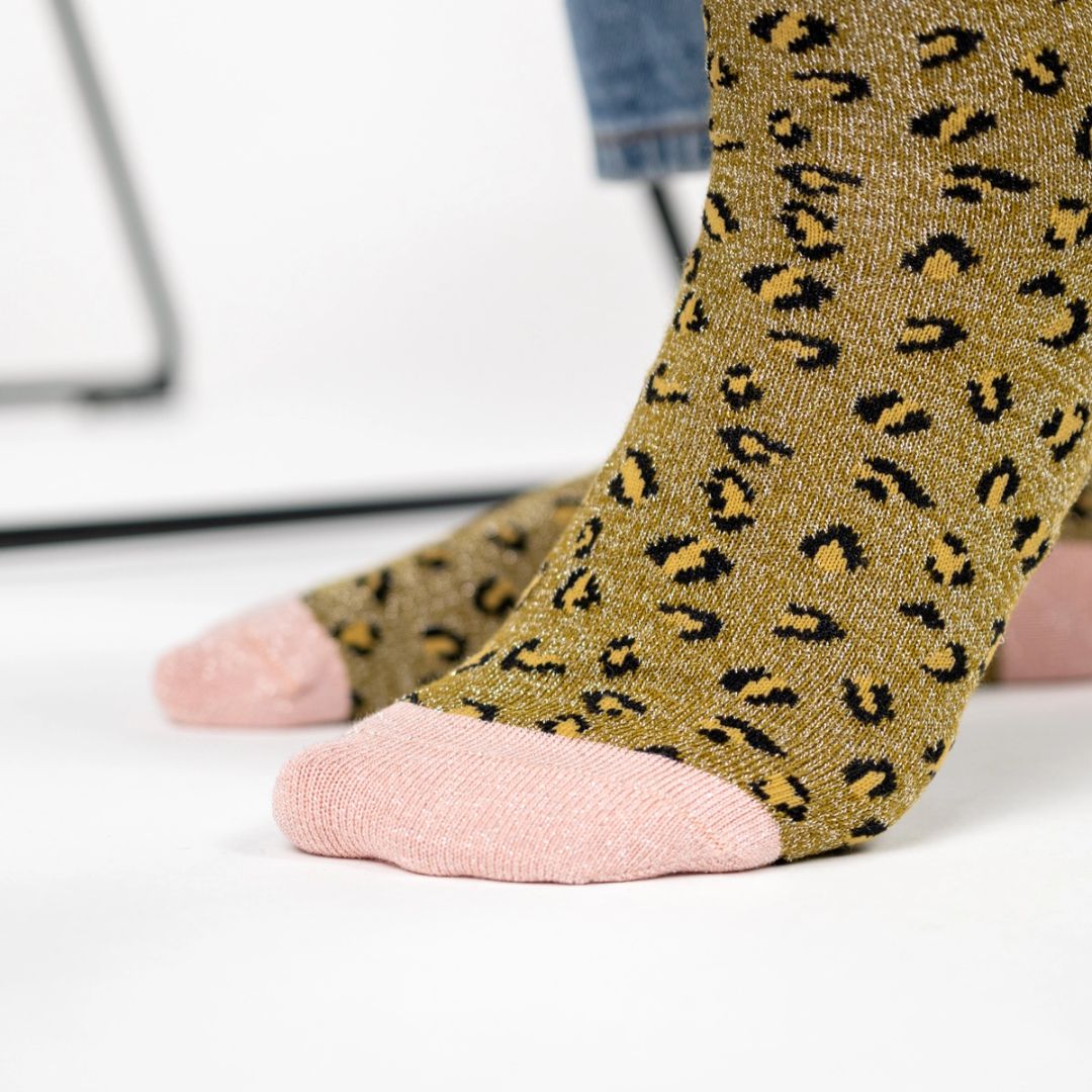 Glitzersocken Leoparden-Look olivgrün