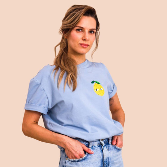 Damen T-Shirt Zitrone auf Blau