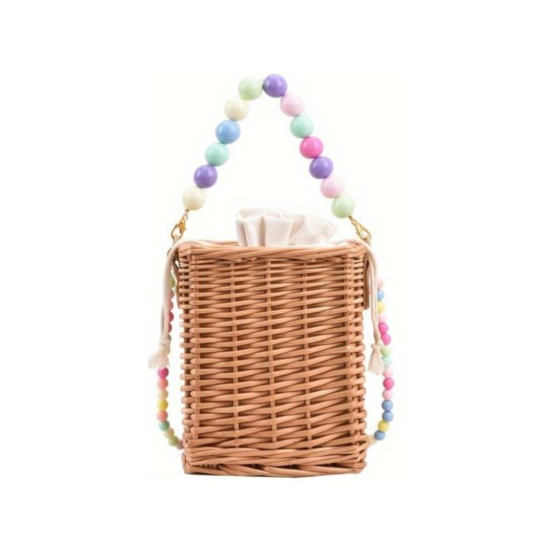 Damen Tasche aus Bast - Tragetasche mit Perlenkette