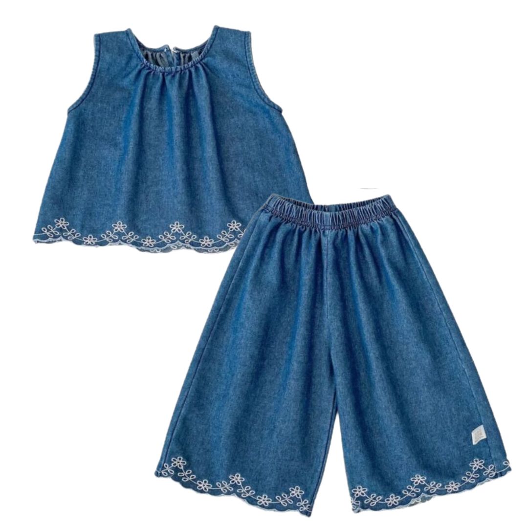 Denim Set Top und Hose mit Stickerei