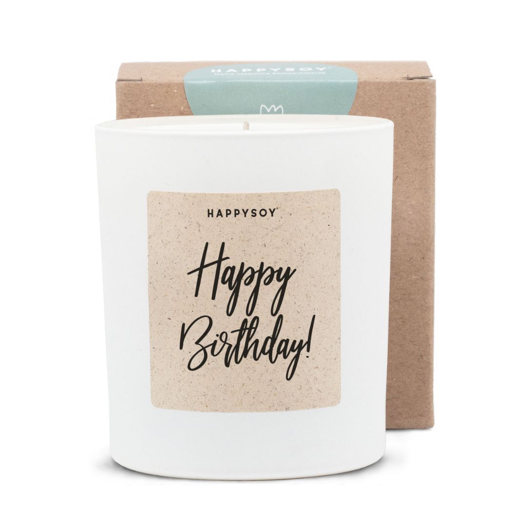 Duftkerze weiß 'Happy Birthday' schwarz