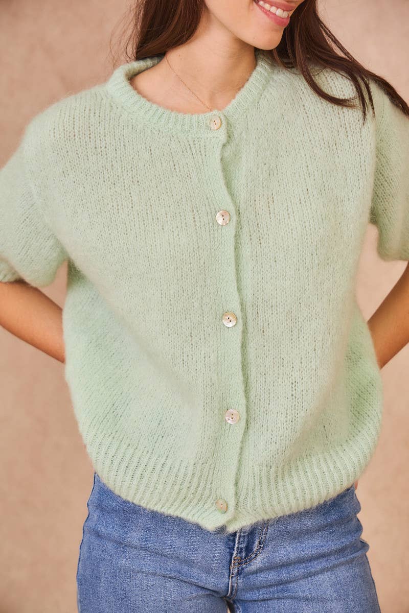Kurzärmelige Kid-Mohair-Strickjacke mint