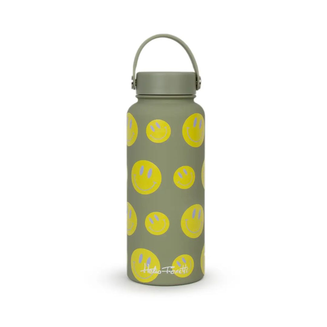 Edelstahl Flasche Smiley grün 1L handbemalt