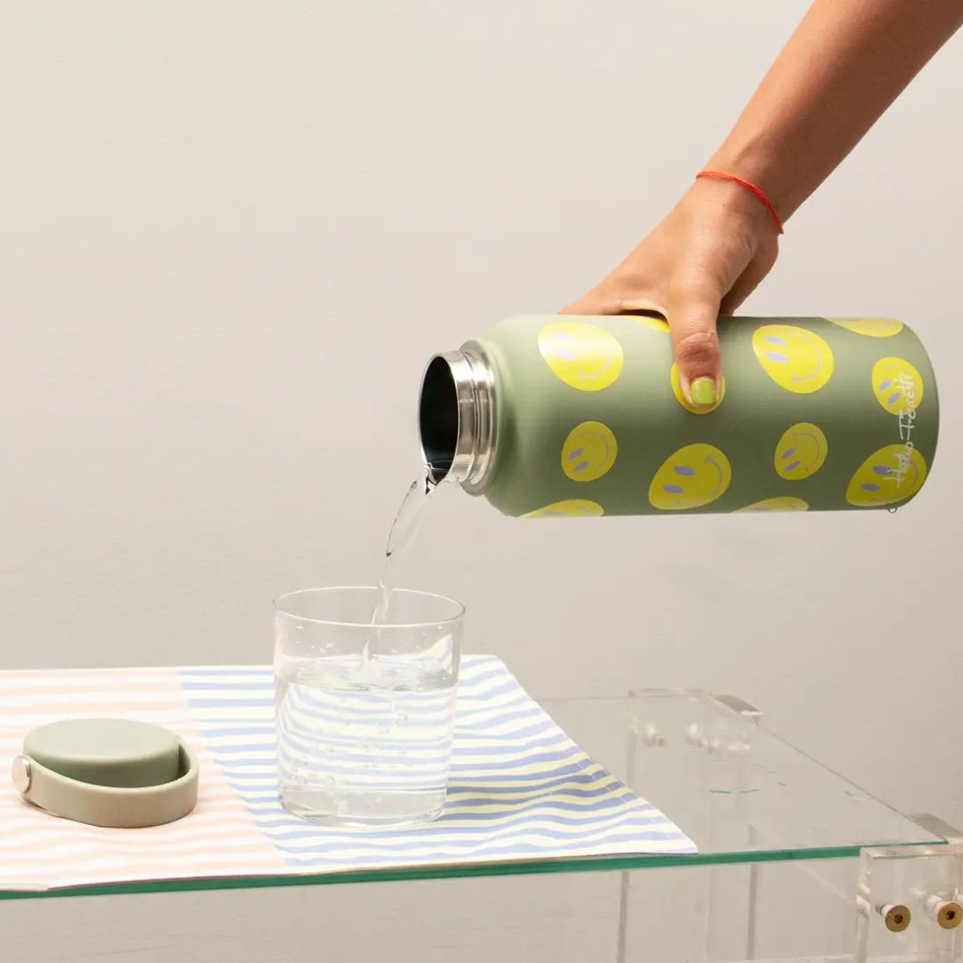 Edelstahl Flasche Smiley grün 1L handbemalt