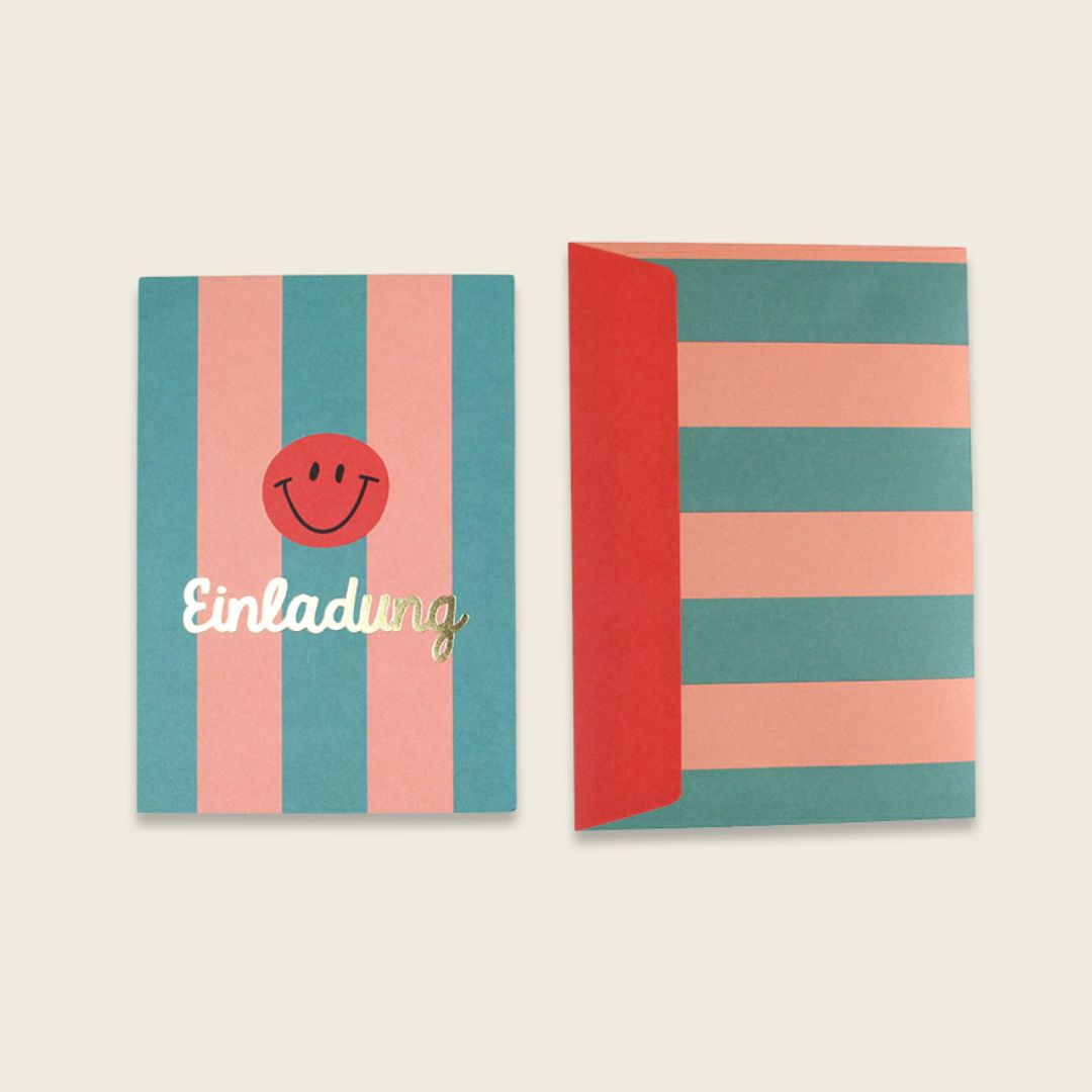Einladungskarten-Set mit Goldfolie – Stripes türkis/lachs/korall