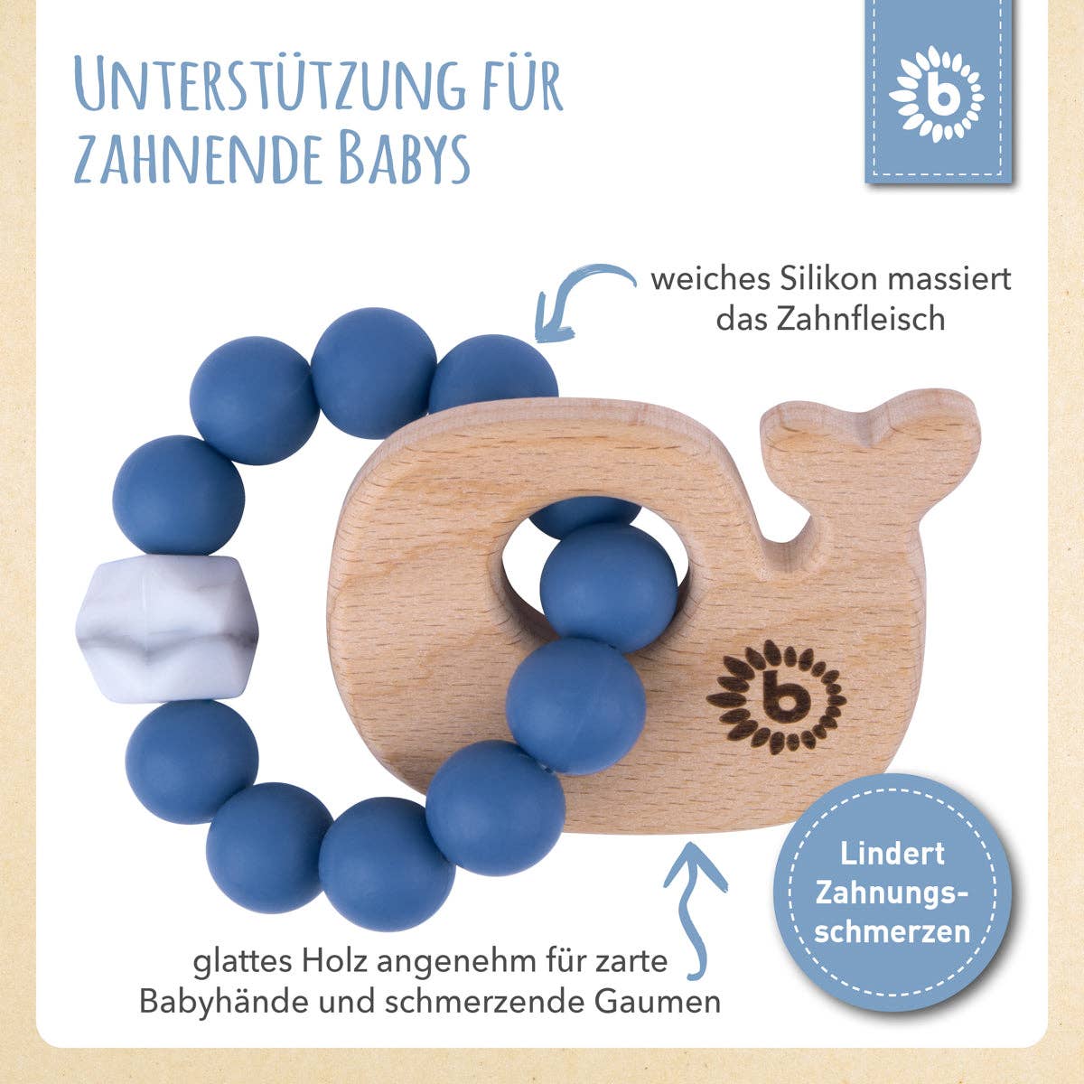 Beißring Wal aus Naturholz mit Silikonkette blau