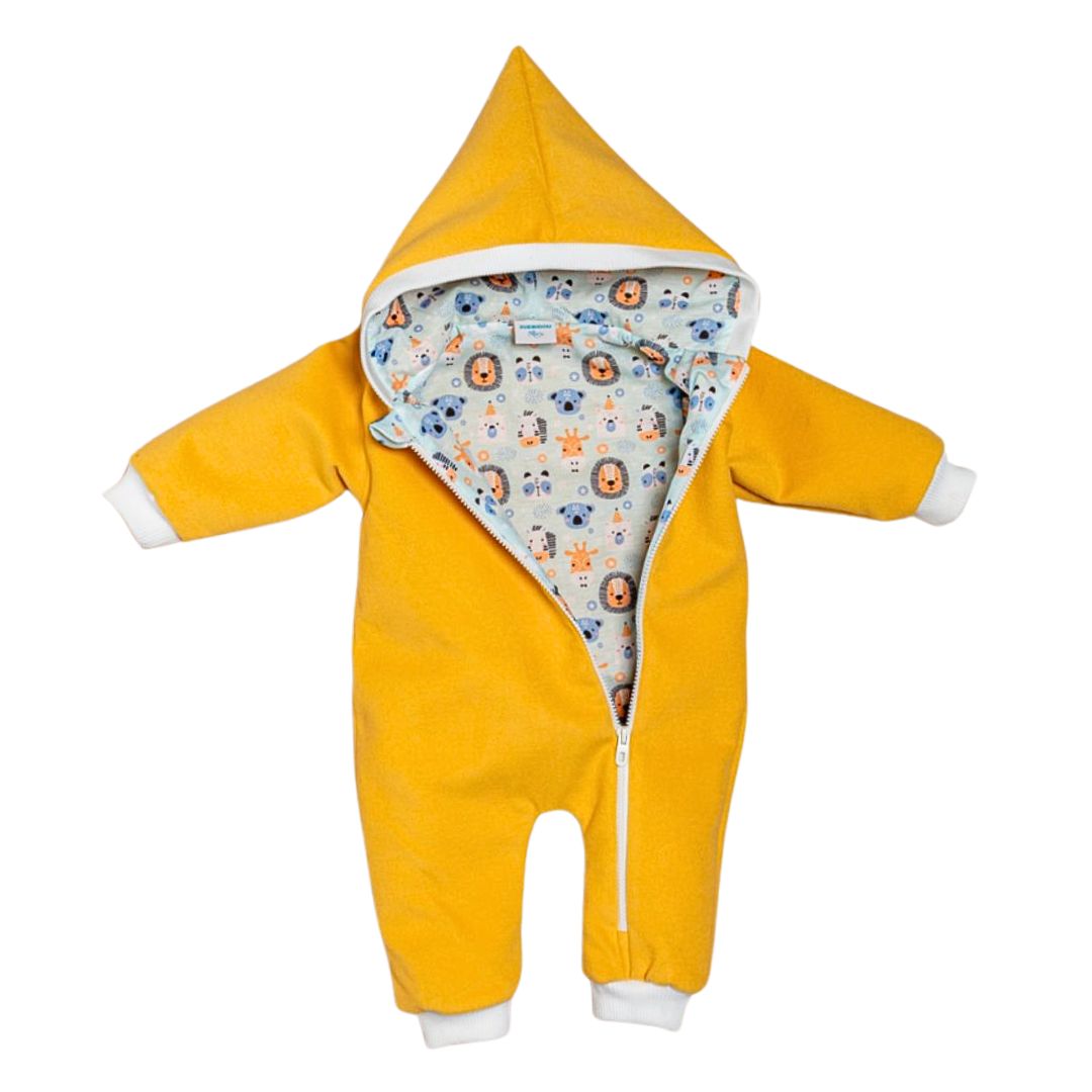 Wollfleece Overall "Süße Tiere" senfgelb