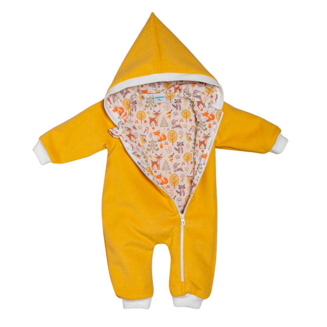 Wollfleece Overall "Waldtiere" senfgelb