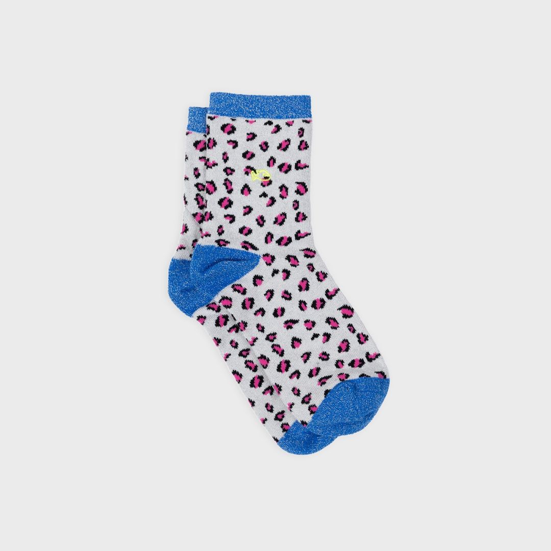 Glitzersocken mit Leopardenmuster weiß/blau