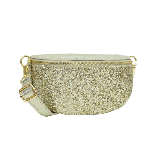 Trendige Gürteltasche aus Leder mit Pailletten gold