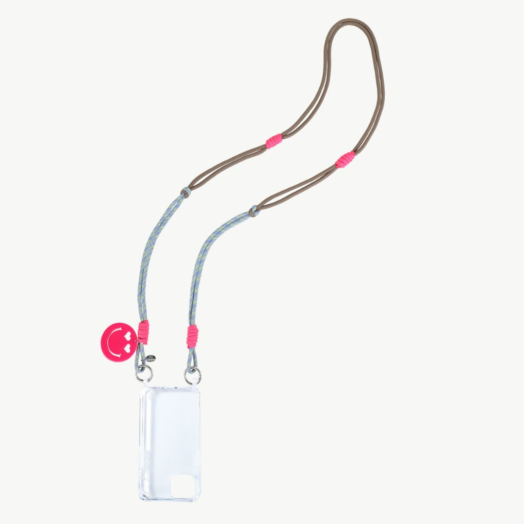 Handykette lang mit Smiley Face Anhänger blau/braun