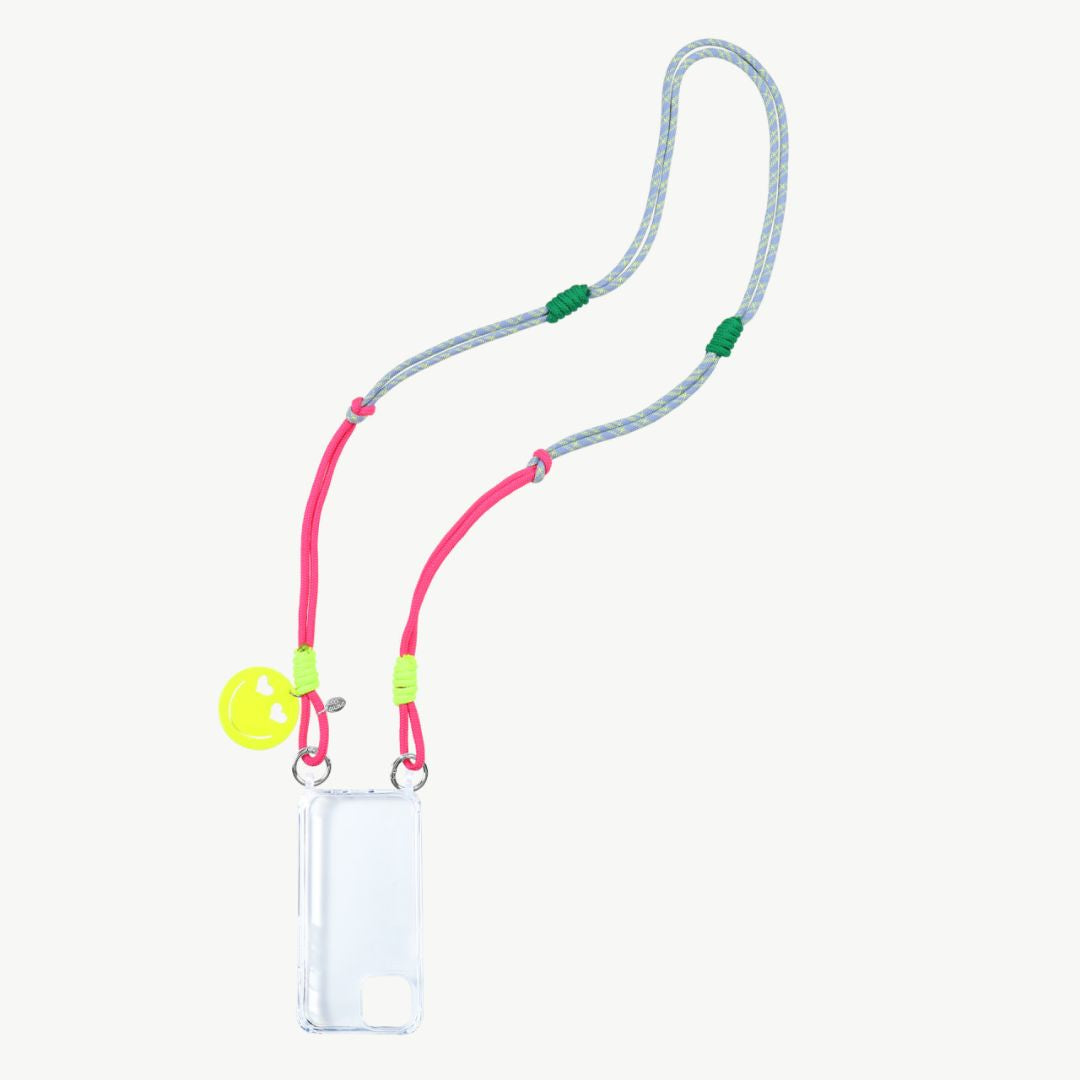 Handykette lang mit Smiley Face Anhänger pink/blau