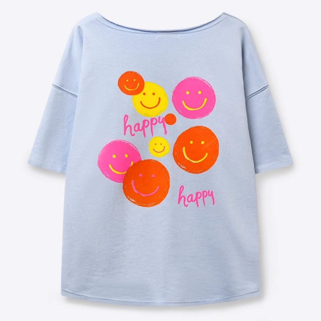 Hellblaues Relaxed-Fit-Sweatshirt mit pinkem Smiley