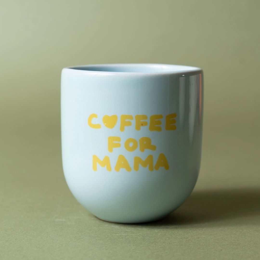 Keramikbecher 'Coffee For Mama' blau/gelb