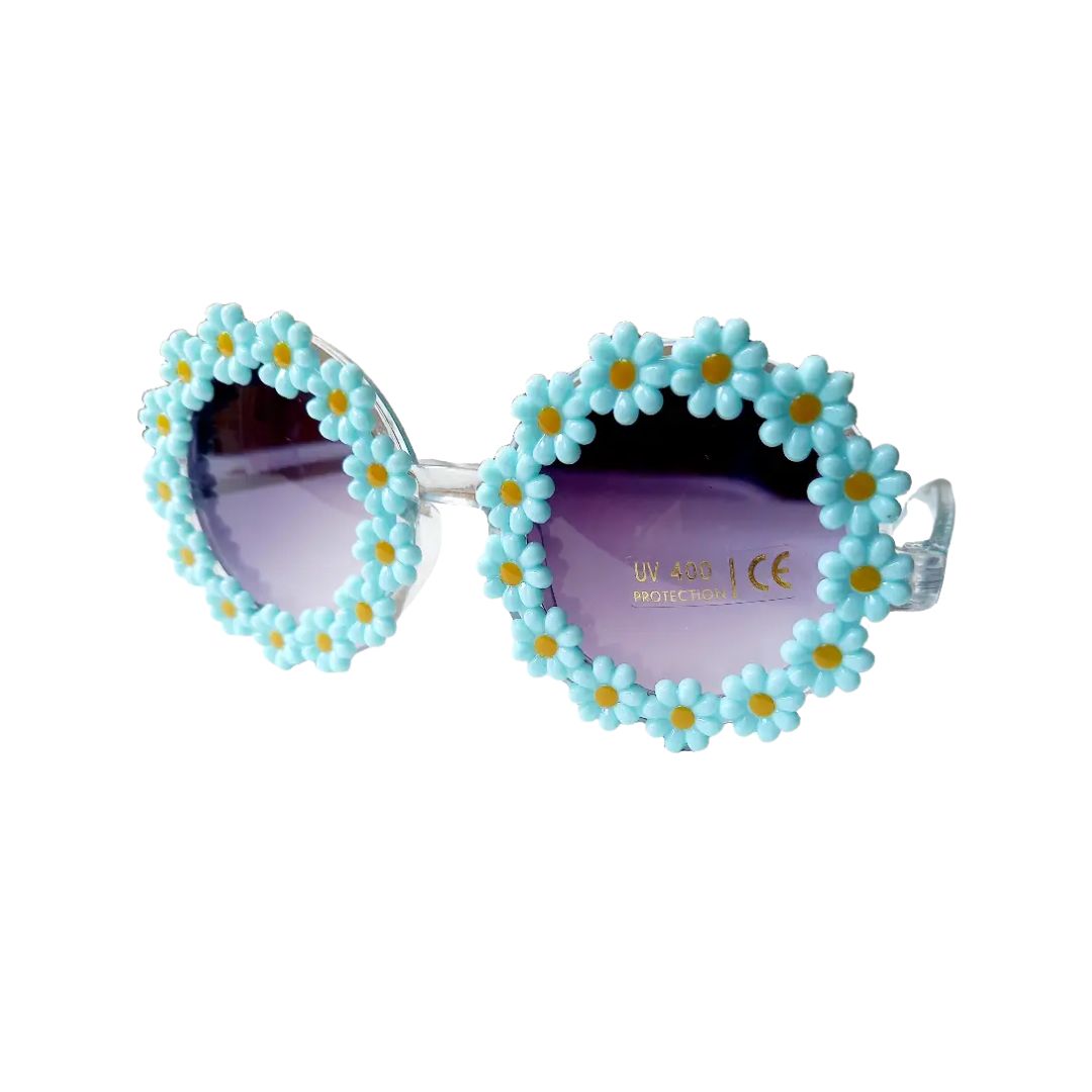 Kinder Sonnenbrille Blumendesign Gänseblümchen hellblau