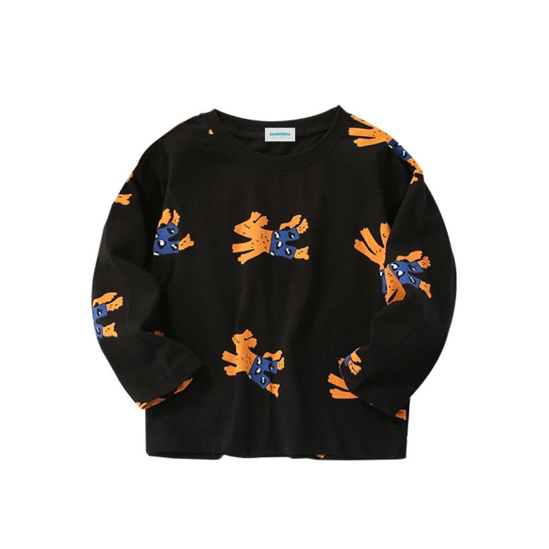 Süßes Langarmshirt mit Hundemuster schwarz