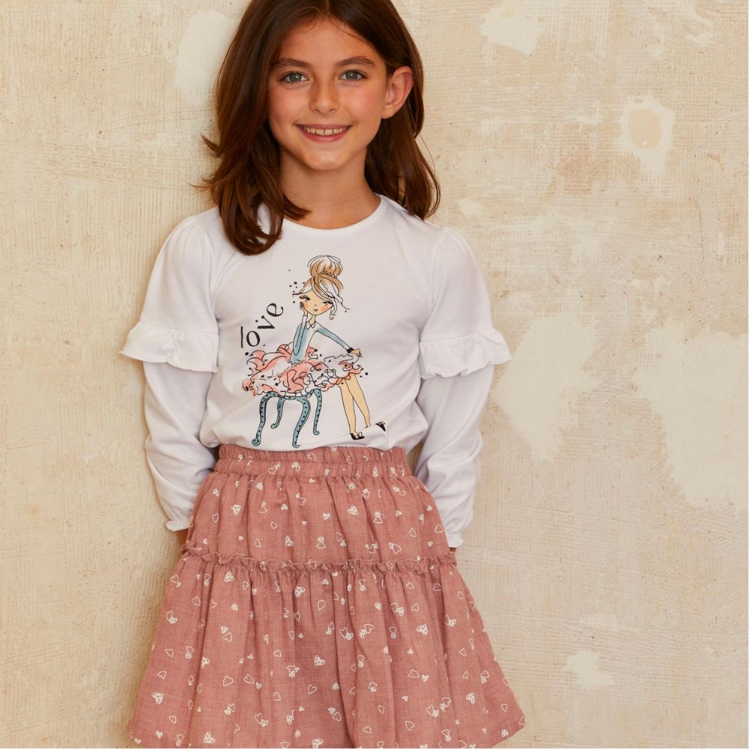T-Shirt mit Rüschen und Print weiß