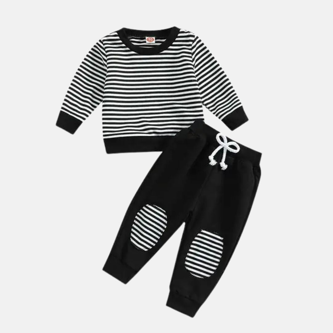 2 teiliges Set gestreift Oberteil und Patchhosen schwarz