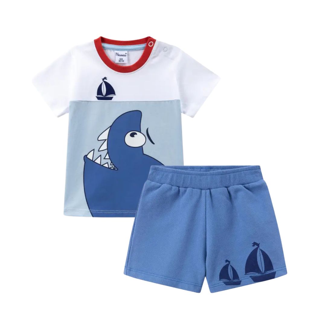 T-Shirt blau mit witzigem Hai Print