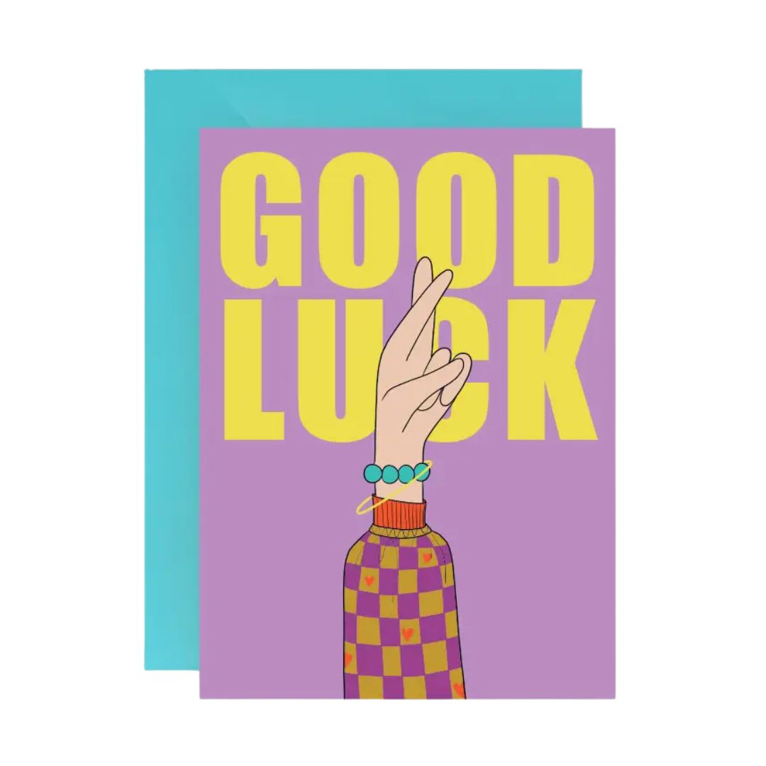 Postkarte mit Umschlag 'Good Luck' lila/blau Hochformat