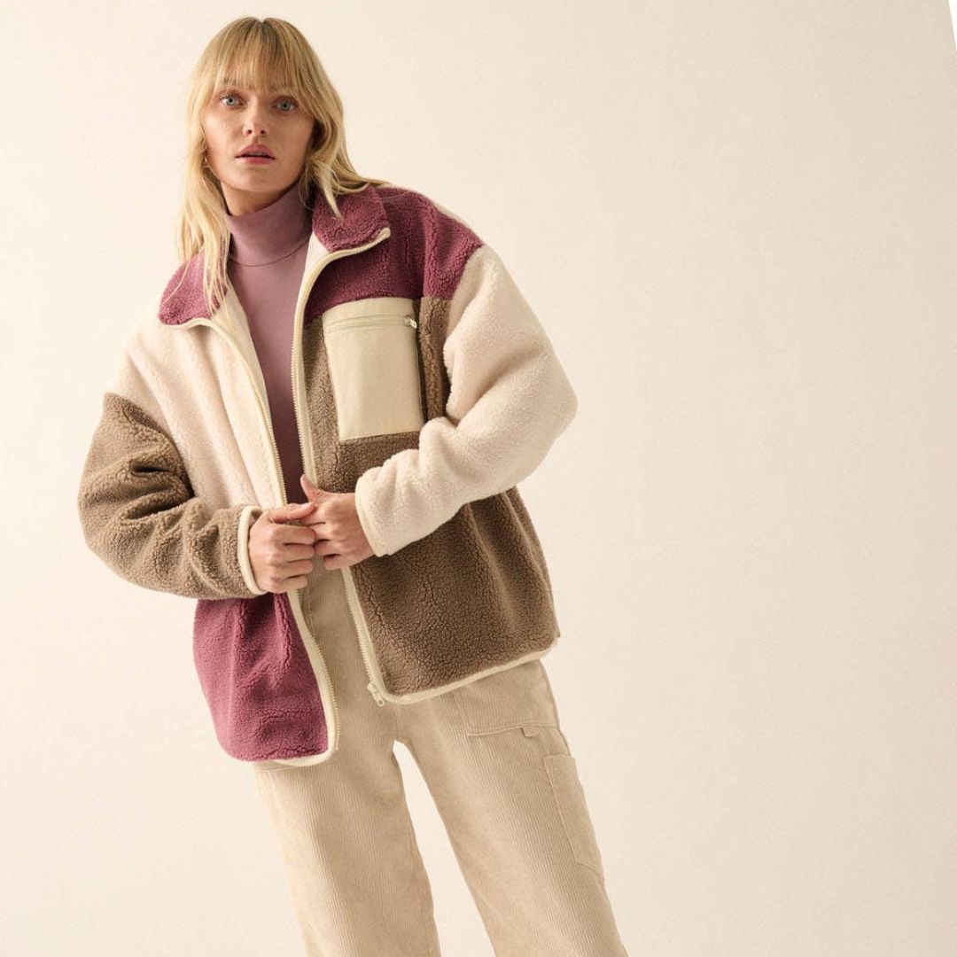 Damen Sherpa Fleecejacke mit Colorblock Design
