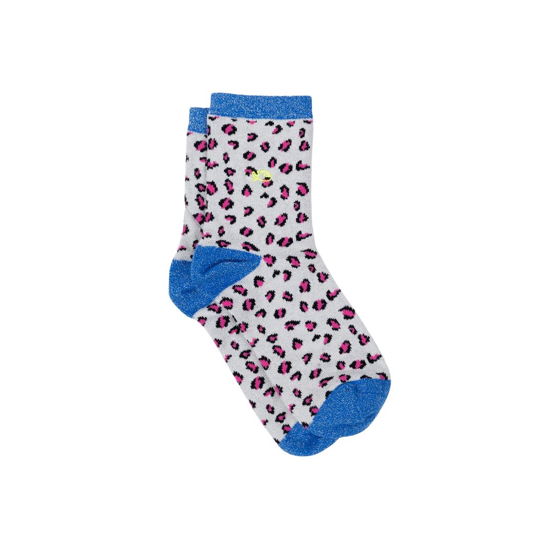 Glitzersocken mit Leopardenmuster weiß/blau