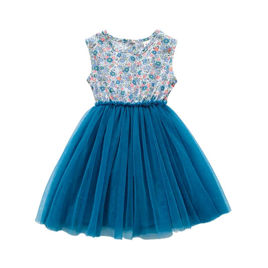 Kleid Kurzarm mit Blumenmuster und Tüll blau