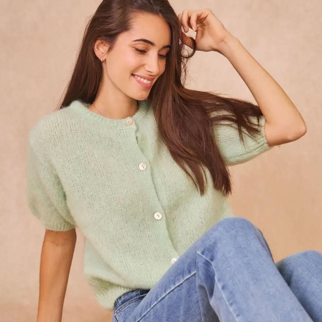 Kurzärmelige Kid-Mohair-Strickjacke mint