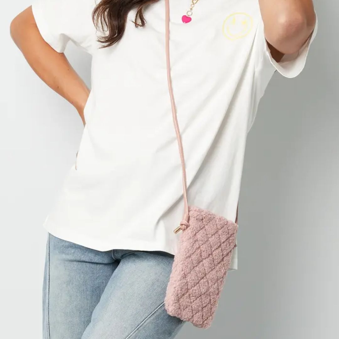 Damen Telefontasche Teddyfell rosa