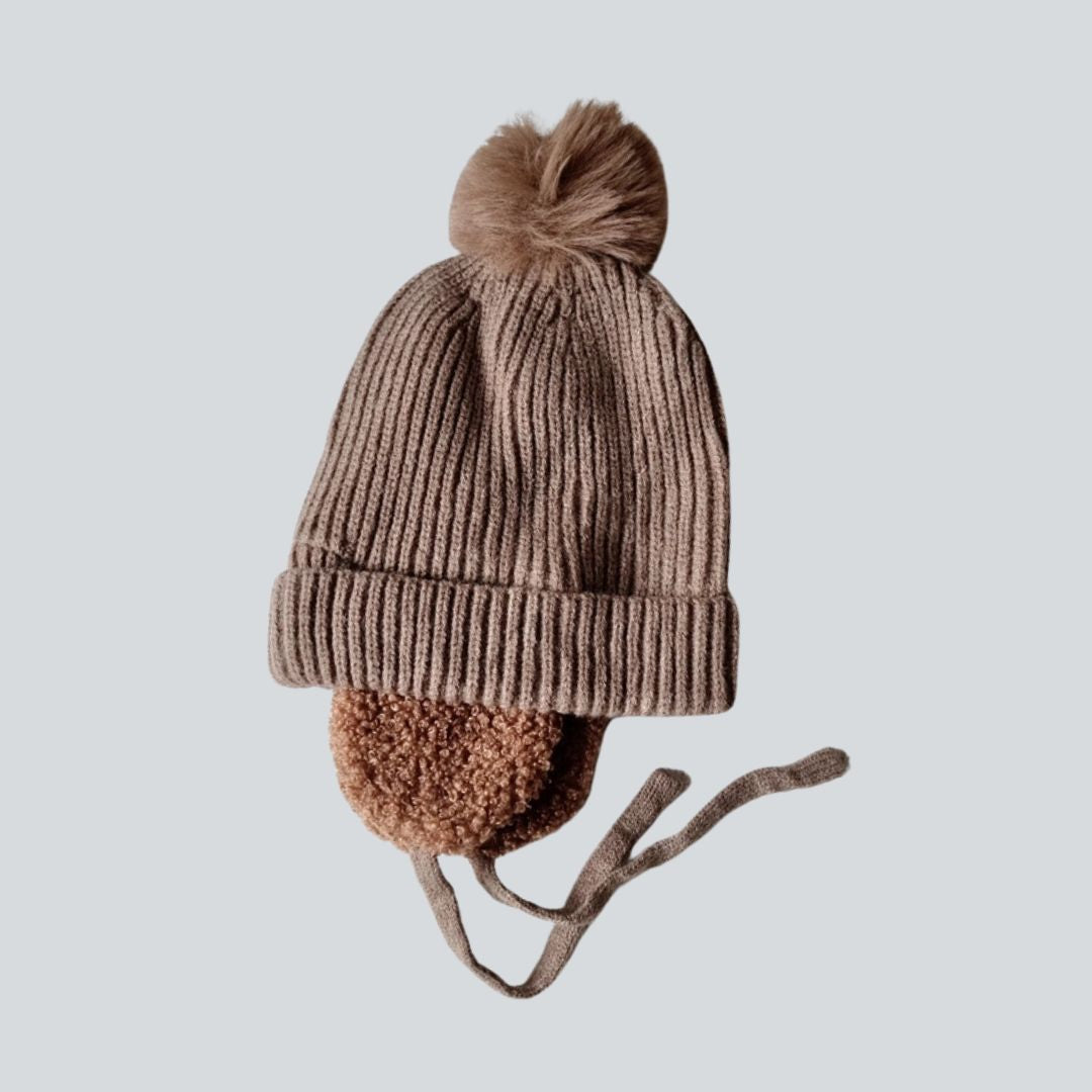 Wintermütze für Babys mit Ohrenschützern und Pompon - Braun