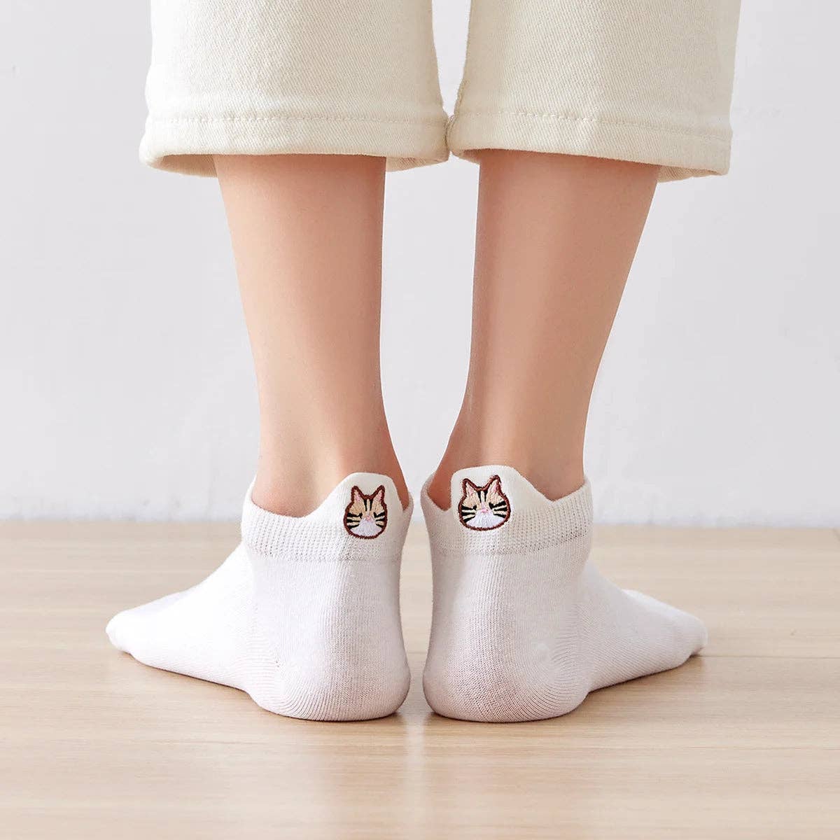 Damen Socken kurz mit Lasche Katze weiß