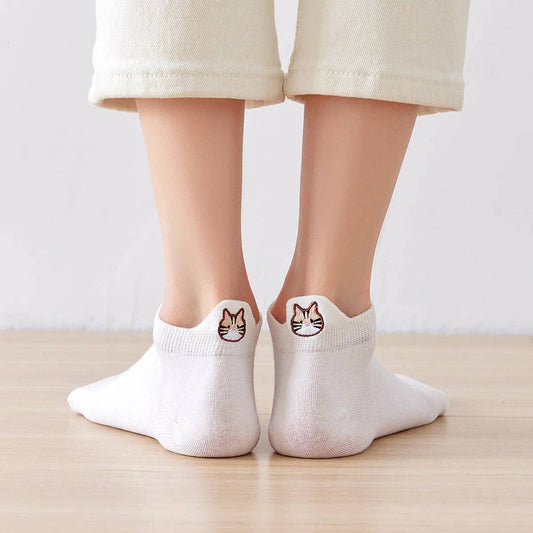 Damen Socken kurz mit Lasche Katze weiß