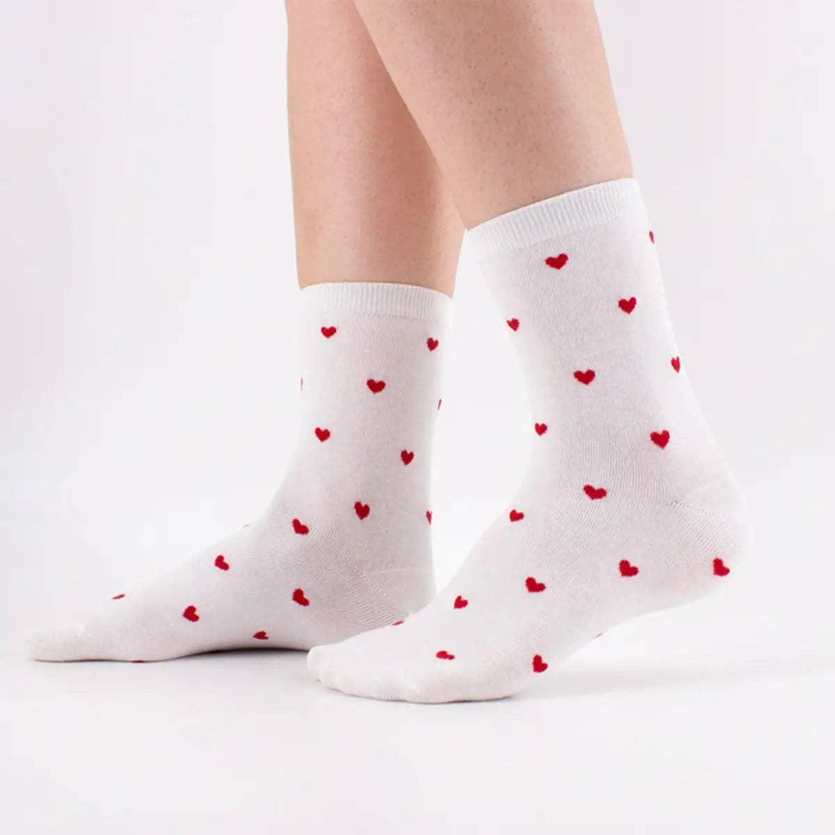 Damen Socken lang mit roten Herzen weiß