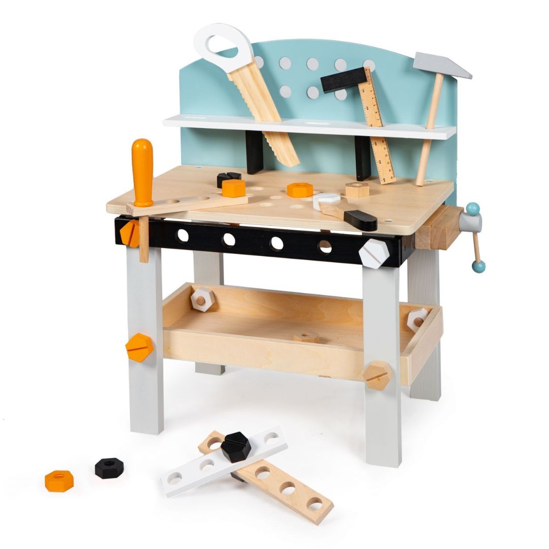 Werkzeugbank aus Holz blau