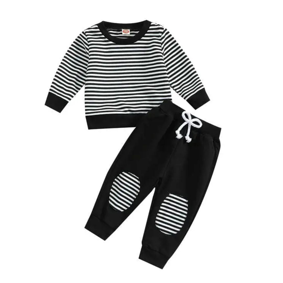 2 teiliges Set gestreift Oberteil und Patchhosen schwarz