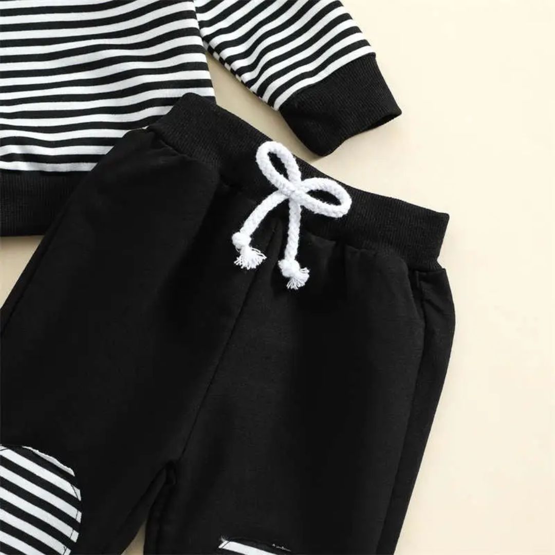 2 teiliges Set gestreift Oberteil und Patchhosen schwarz