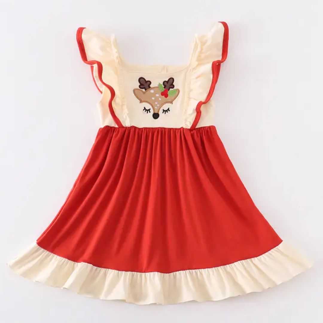Mädchenkleid mit Rüschen + Rentier Motiv