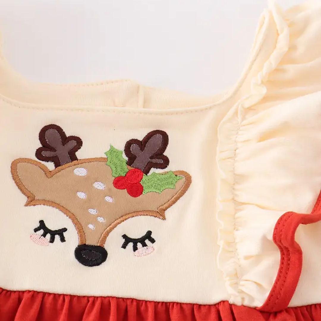Mädchenkleid mit Rüschen + Rentier Motiv