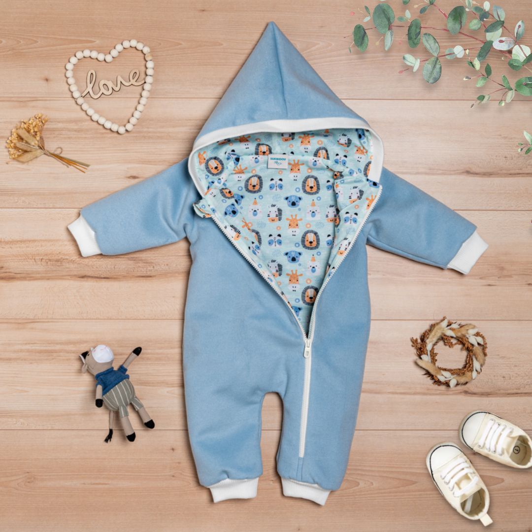 Wollfleece Overall "Süße Tiere" blau