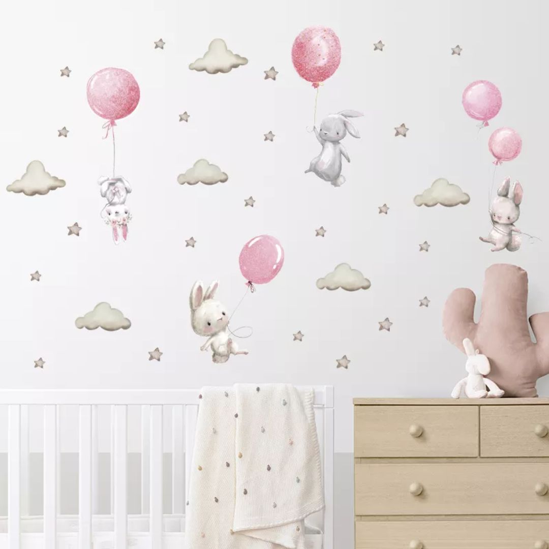 Wandtattoo Kinderzimmer "Hasen im Himmel" rosa