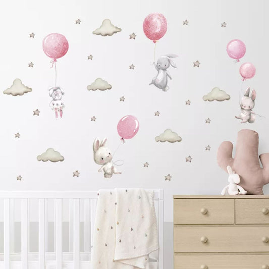 Wandtattoo Kinderzimmer "Hasen im Himmel" rosa