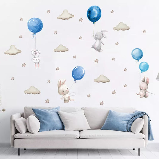 Wandtattoo Kinderzimmer "Hasen im Himmel" blau