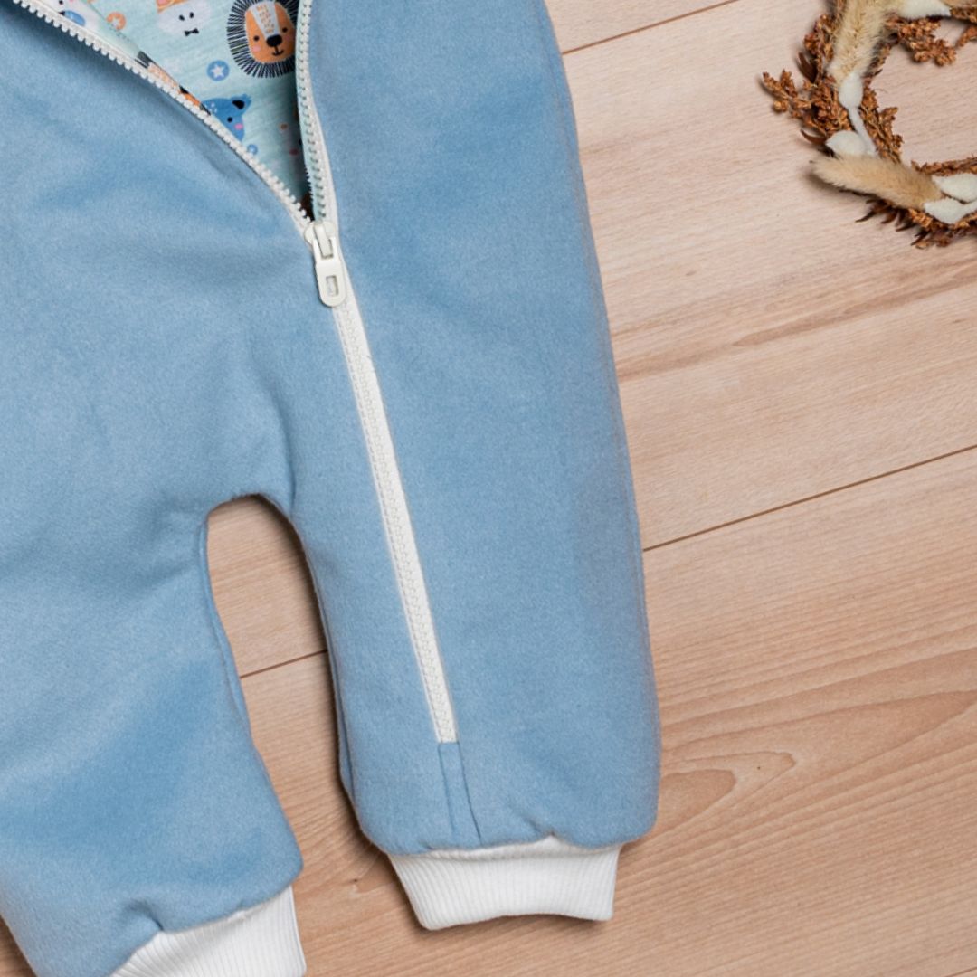 Wollfleece Overall "Süße Tiere" blau