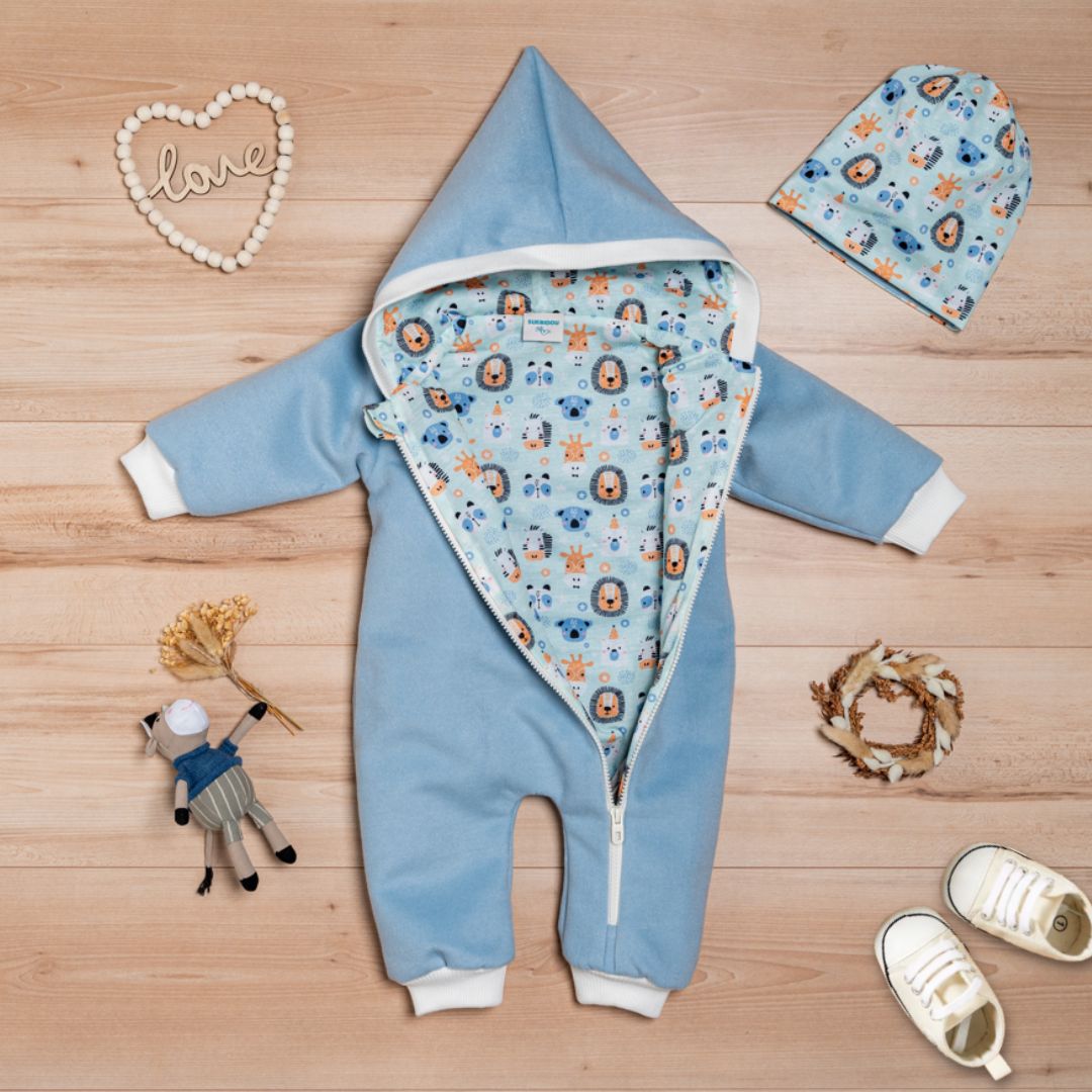 Wollfleece Overall "Süße Tiere" blau